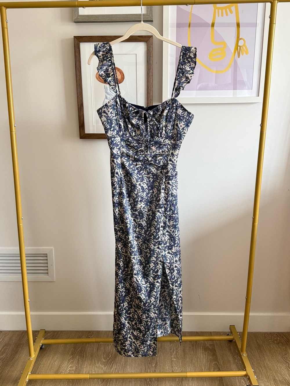 Cinq a Sept • Blue Floral Midi Dress with Ruffled Straps • 6